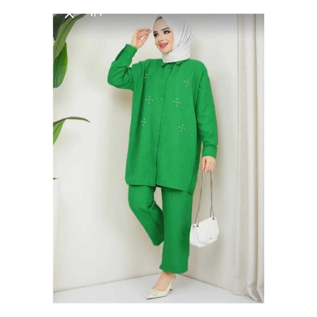 Women's Black Color Linen Shirt Collar Buttoned Bottom Top Set