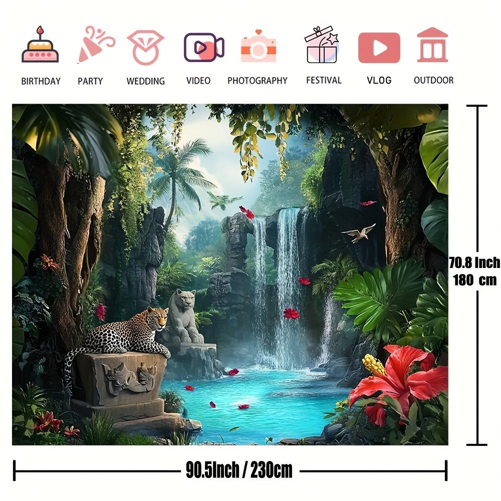 1pc Dreamy Forest Mural with Leopards, Polyester Fiber, Jungle Waterfall Scenery, Living Room and Bedroom Decoration