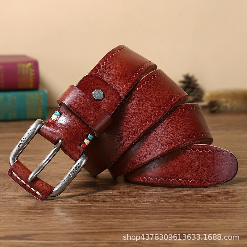 Ретро Модный Тренд Персонализированная Гравированная Пряжка Ремень Мужской Натуральная Кожа Первый Слой Коровья Кожа Молодежный Повседневный Универсальный Ремень 100cm