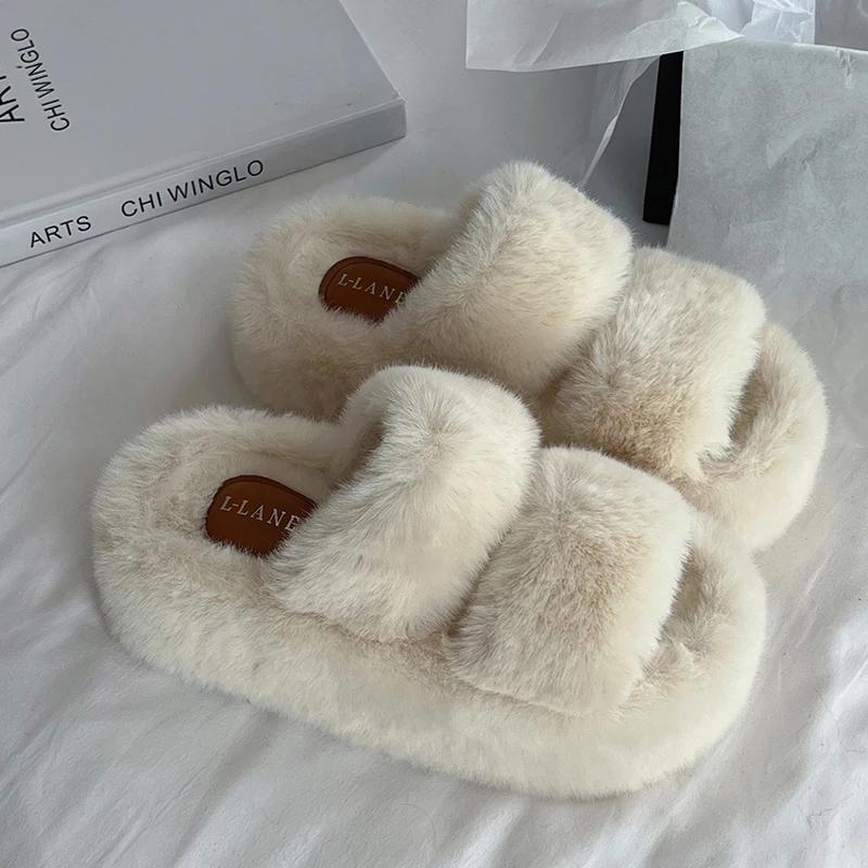 Fluffy 7CM Women Platform Flats Slippers Shoes Comfort Open Toe Slides 2025 New Spring Autumn Female Home Shoes