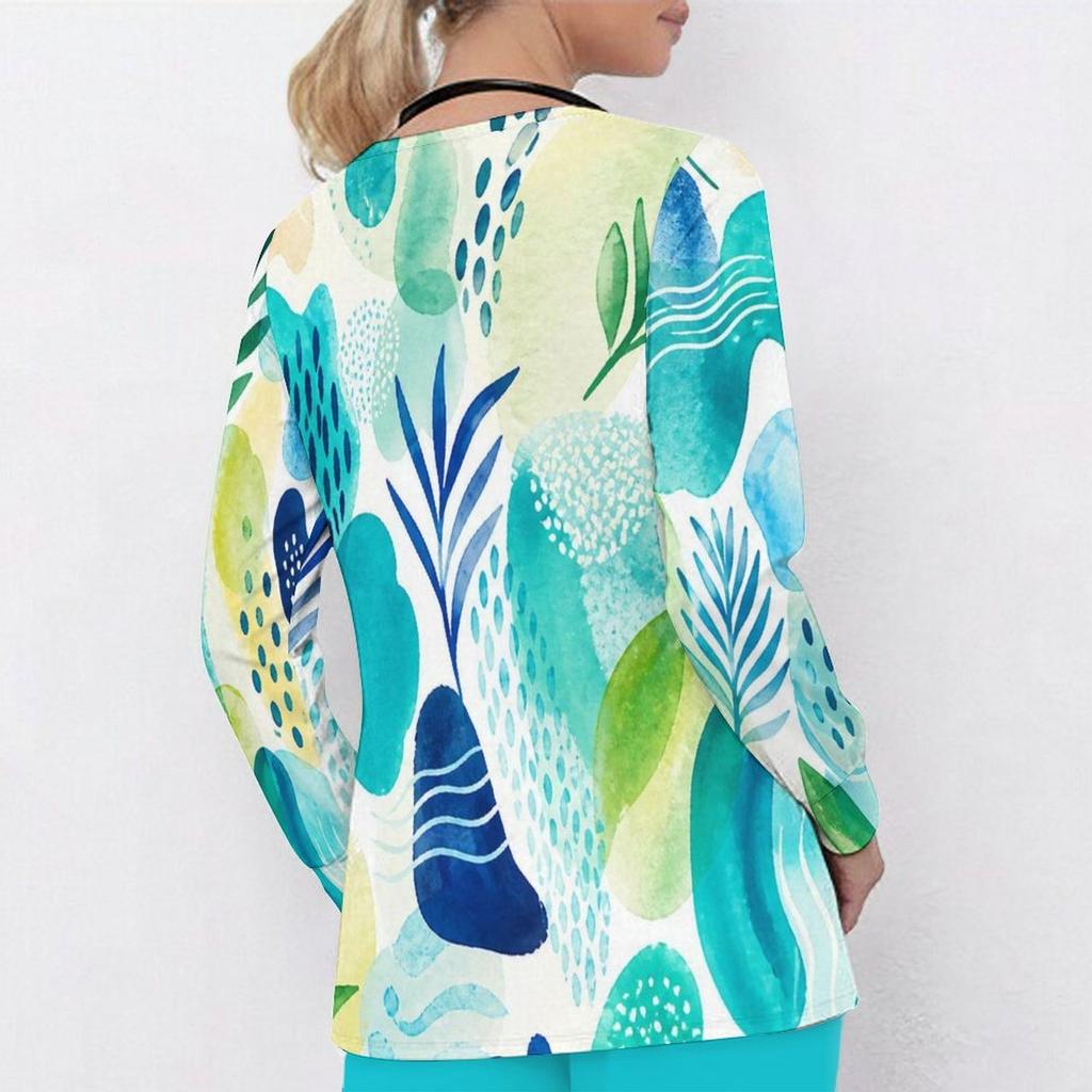 Women Plus Size Abstract Printed Nurse Scrub Top V Neck Long Sleeve With Front Pockets