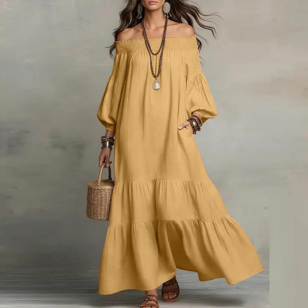 Women Off Shoulder Maxi Dress Loose Fit Tiered Bohemian Style Lightweight Dress with Puffy Sleeves and Layered Design