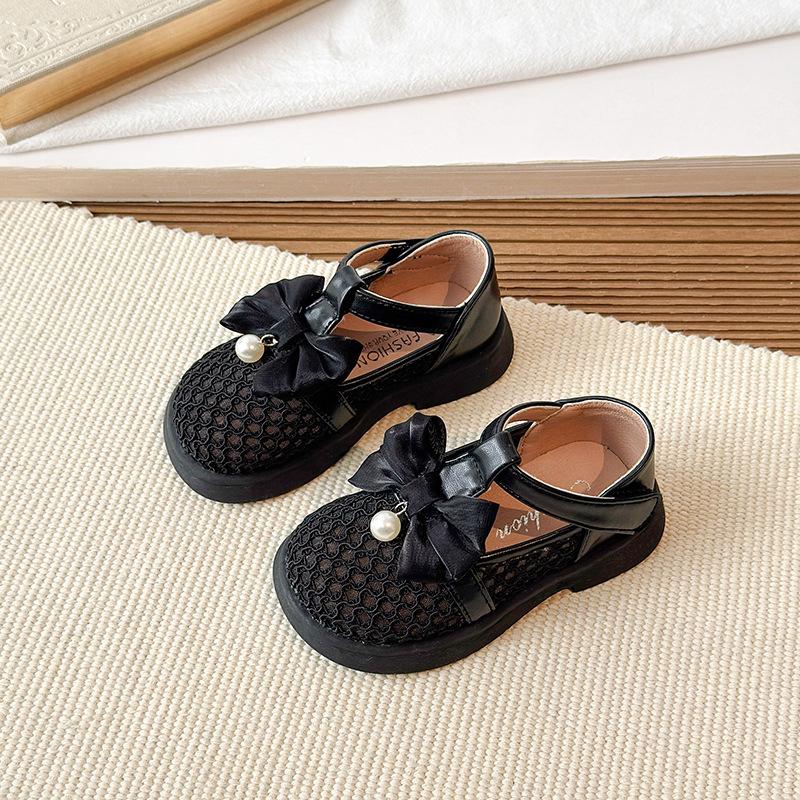 Spring-summer New Style Girls' Breathable Woven Mesh Shoes, Little Girls' Pearl Bow Shoes, Leather Hollow-out Sandals