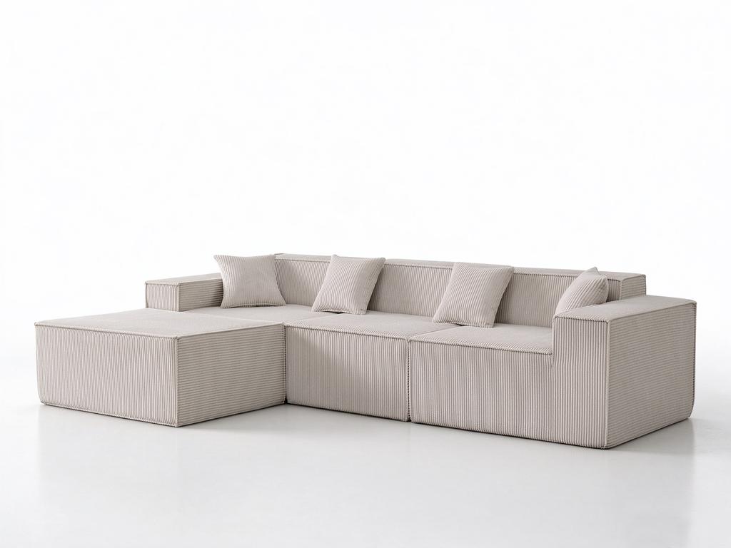 Modular Corner Sleeper Sofa, 277 cm L-Shaped Cloud Sofa in Corduroy, Comfort Foam, No Assembly, Deep Seat, Convertible Sofa for Living Room, Beige
