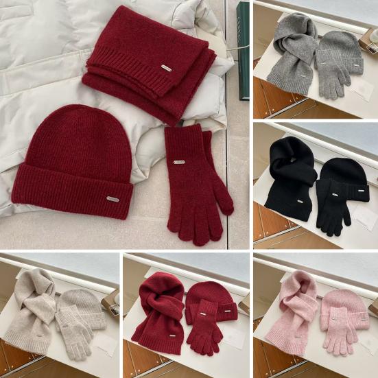 3Pcs/Set Women Hat Scarf Gloves Set Solid Color Ribbed Trim Brimless Hat Long Scarf Warm Gloves Set Winter Accessories