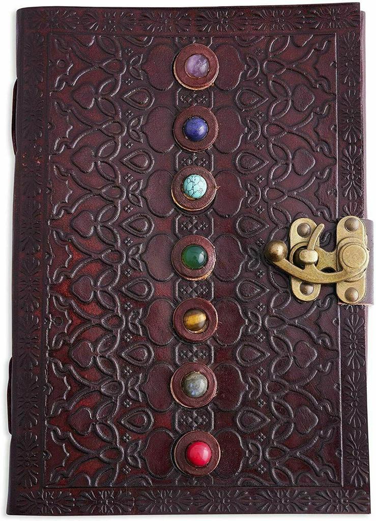 Handmade Leather Journal: Seven Chakra Stone Diary, Handbound Sketchbook