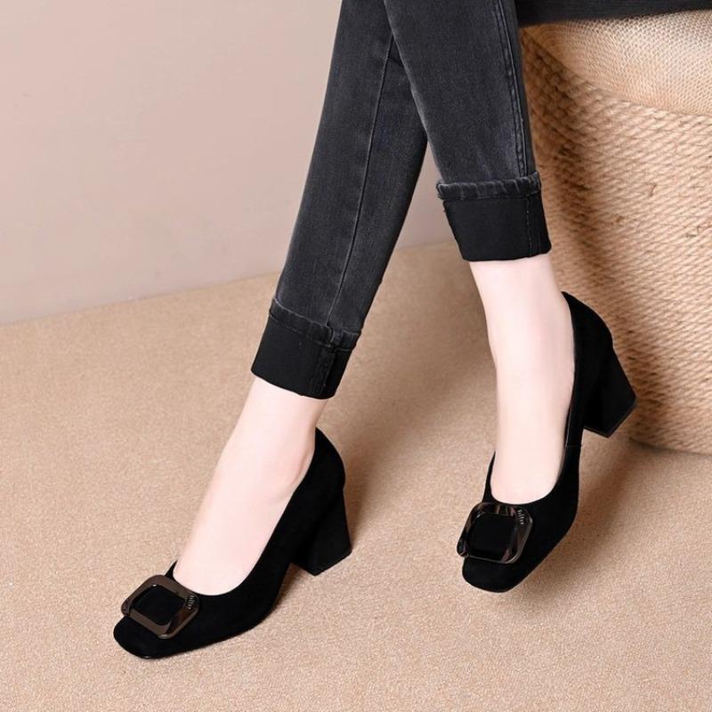 

Autumn square buckle women s shoes suede single shoes new temperament square head shallow mouth high heels work commuter shoes 40