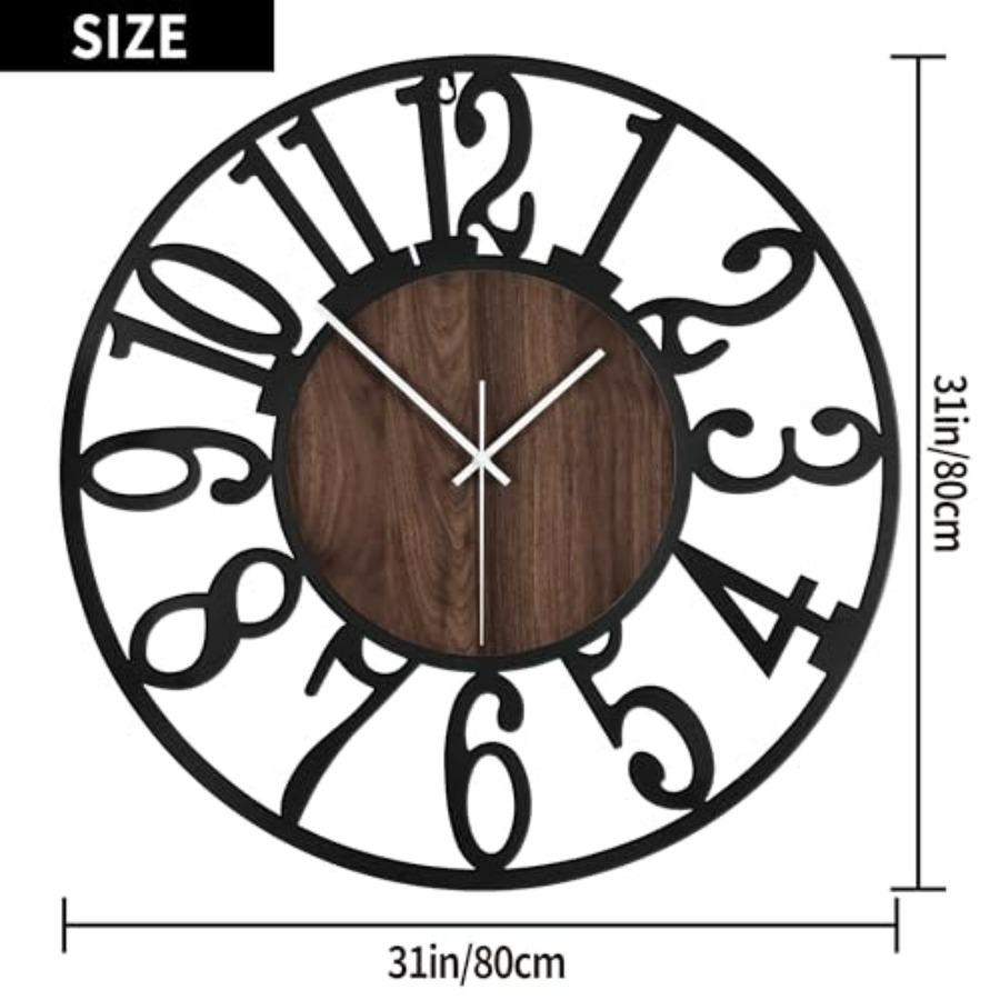 Large Wall Clock for Living Room Decor- 32 Decorative Antique Silent Little Ticking Battery Operated Black Metal Wood Clocks fo