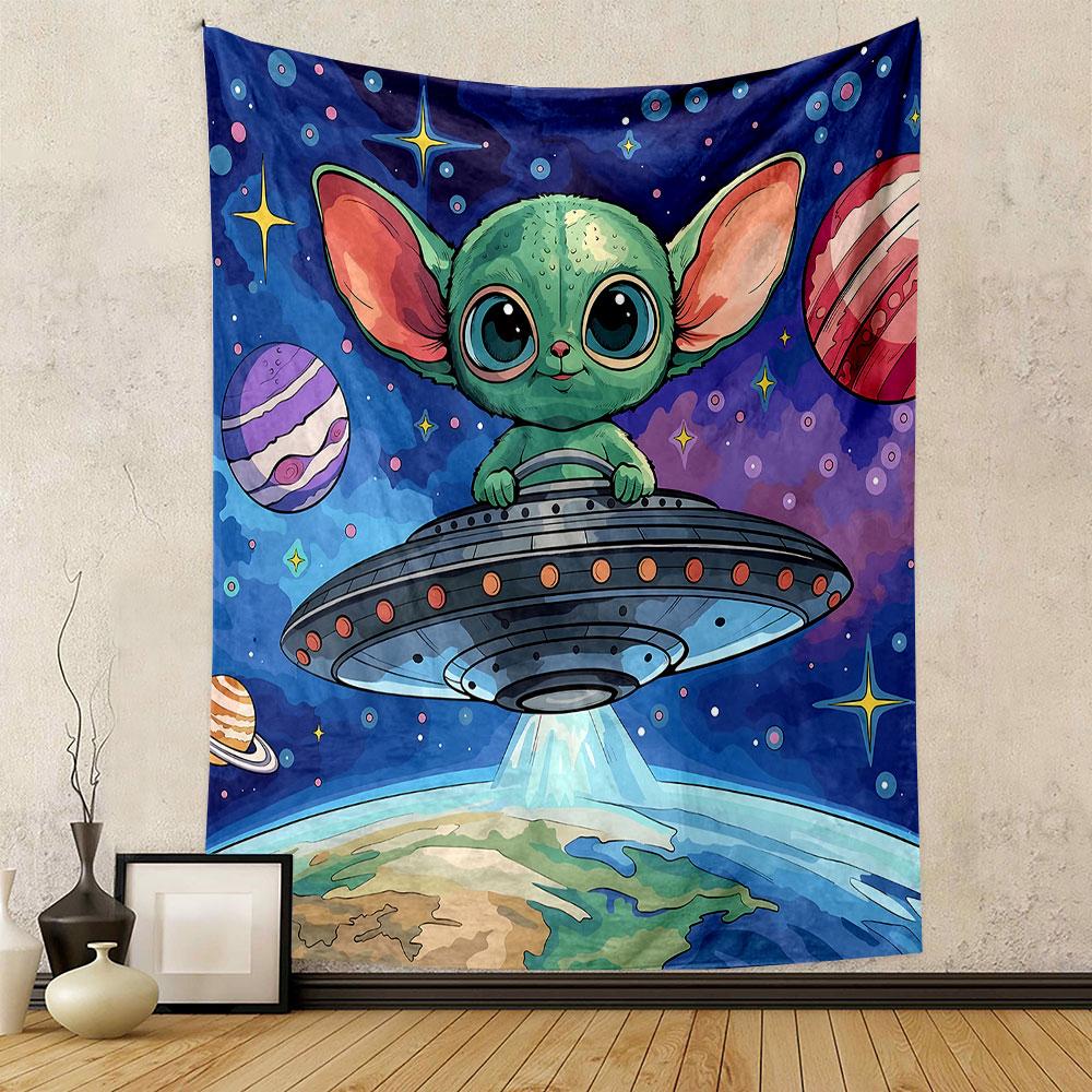"Alien in UFO with Colorful Space Background" Patterned tapestry home decor, suitable for bedroom and living room, gift