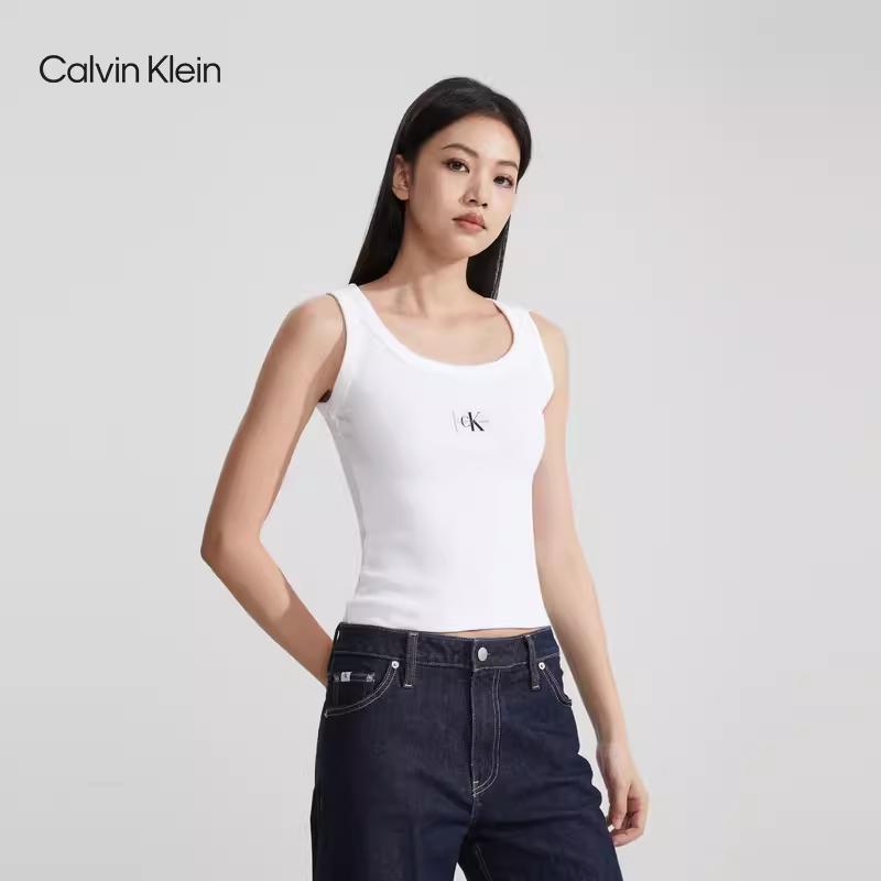 Calvin Klein Jeans Simple Letter Logo Pullover Casual Knit Vest Women Tops Moonlight-White J222566