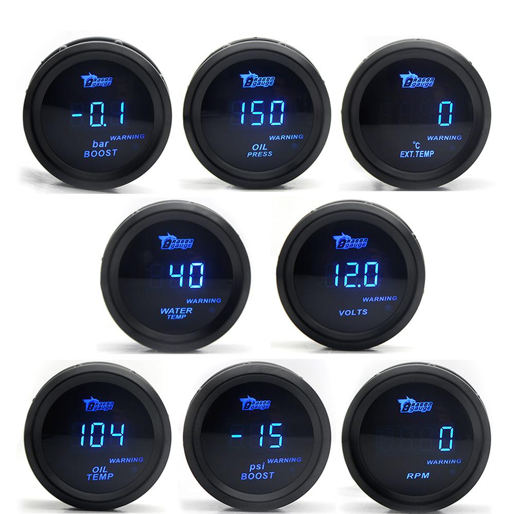 52MM Car Modification Gauge: Digital Display with Blue Light for Turbo, Water Temp, Oil Temp, Oil Pressure, Voltage (12V)