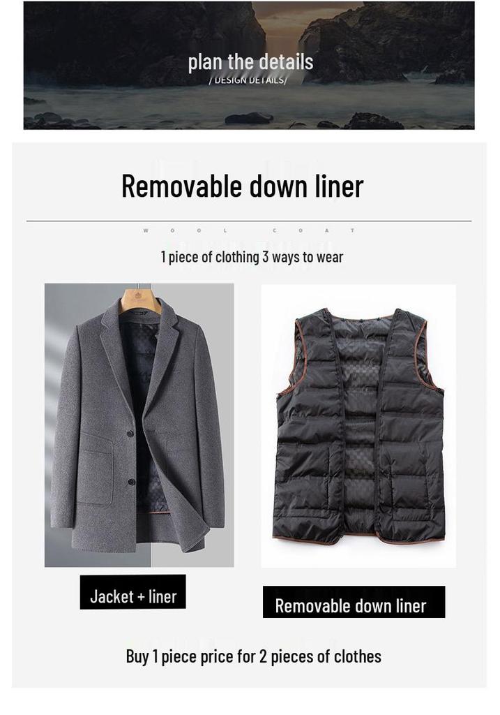 Men's Mid-Length Double-Sided Cashmere Coat with Detachable Down Liner, Casual Wool Suit for Middle-Aged