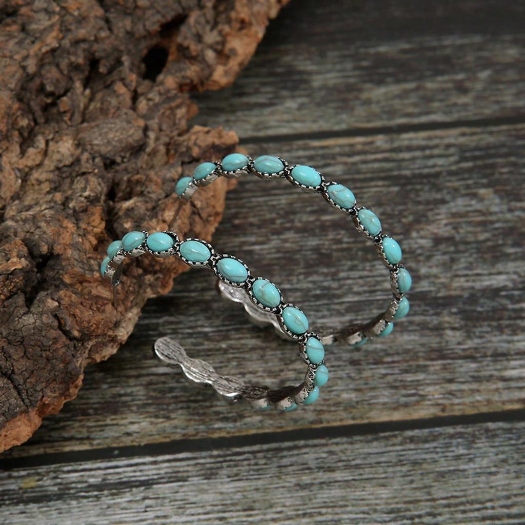 Western Style Turquoise Pendant Large Oval Earrings, Vintage Statement Earrings, Bohemian Women's Delicate Hoop Earrings, Women, 1 Pair