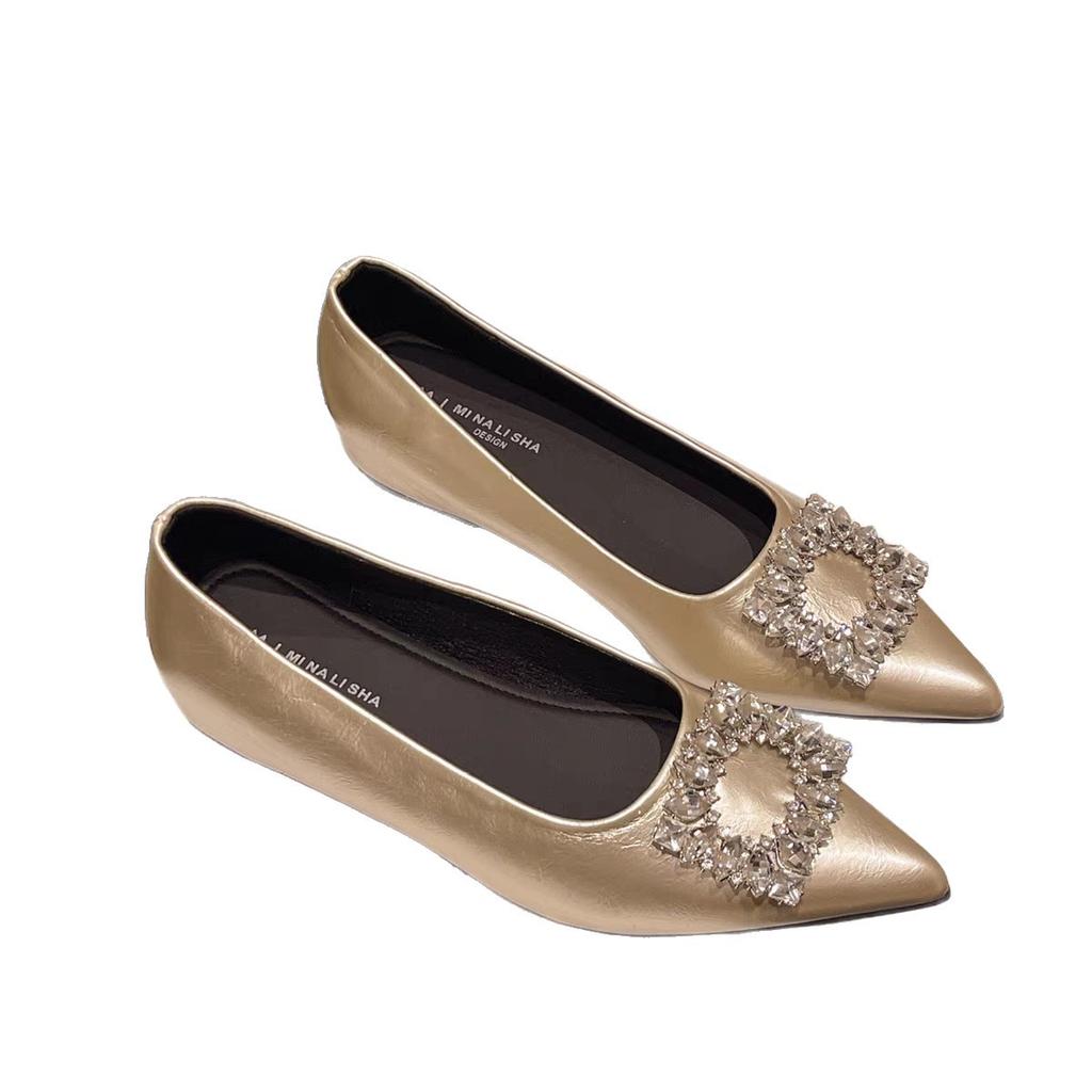 French fairy style with skirt versatile shallow mouth single shoes 2025 new temperament pointed rhinestone square buckle commuter ladyshoes