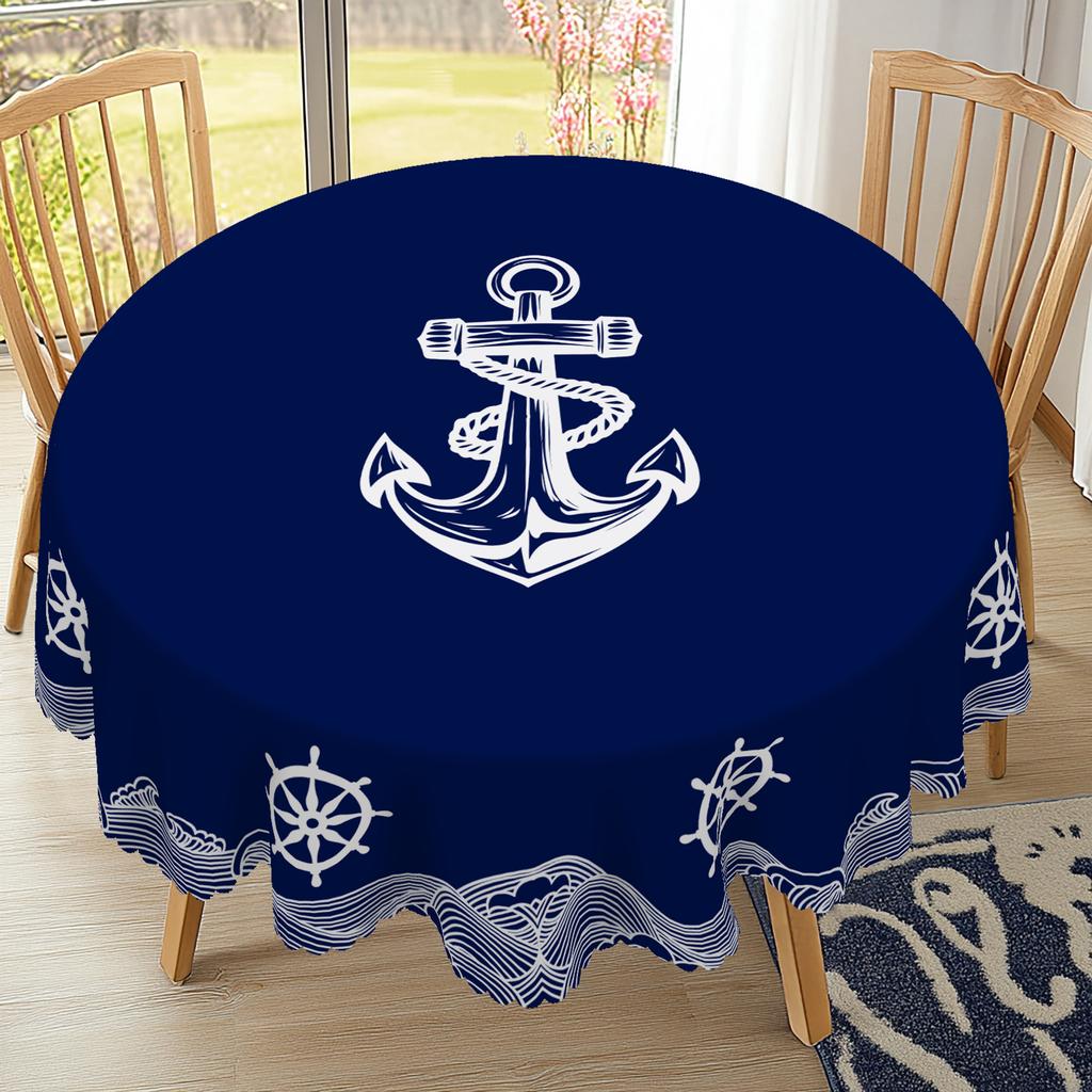 1 kus Letní ubrus na stůl, kulatý a obdélníkový, s námořním motivem, k dispozici v různých velikostech, design s potiskem modrých vlnovek, Jaro, Kuchyňský stůl