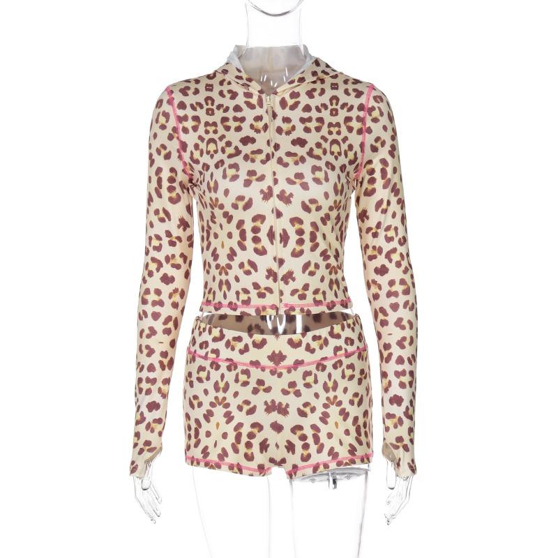 Ladies Spring New Fashion Hooded Cardigan Top Leopard Print High Waisted Skinny Shorts Set
