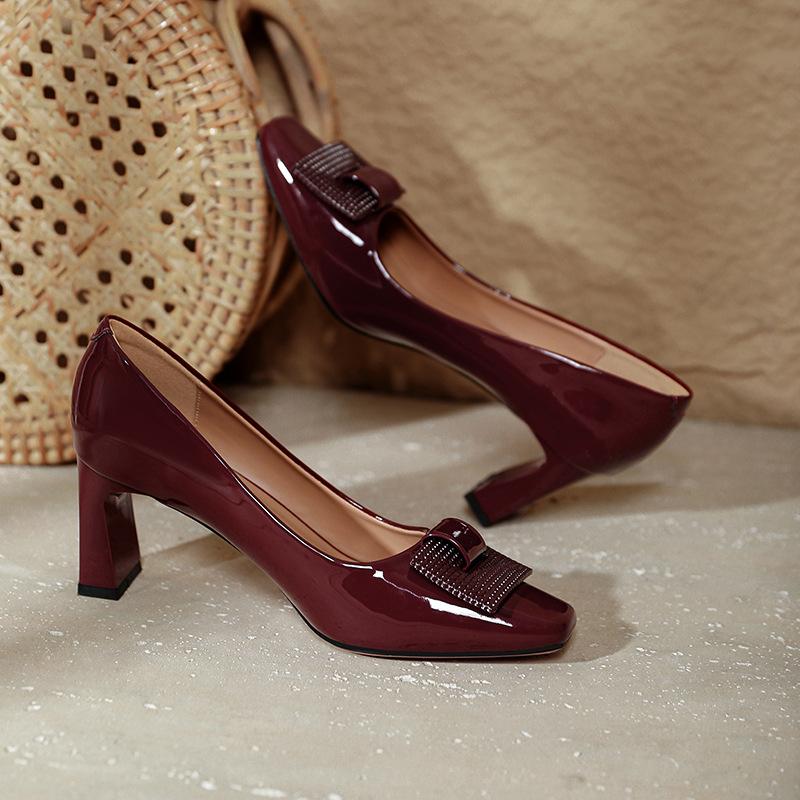 Square Head High Heels Thick Heel Not Tired Feet Patent Leather Red Wedding Shoes 2025 New Spring and Autumn Women's Shoes French Shallow Mouth Single