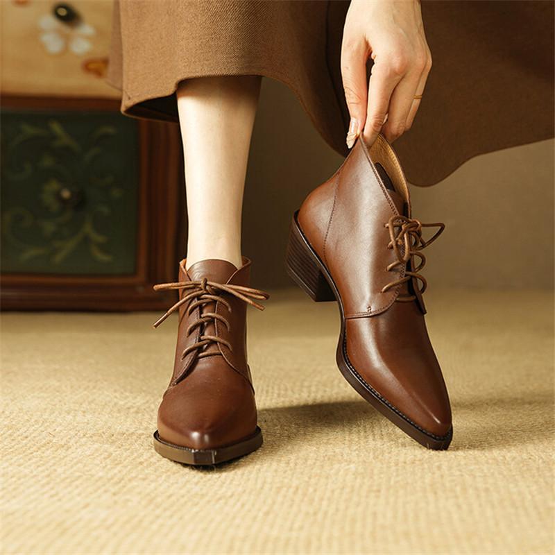 Fashion New Autumn/Winter Genuine Leather Women Shoes Pointed Toe Chunky Heel Ankle Boots for Women Lace Short Boots Zapatos De Mujer