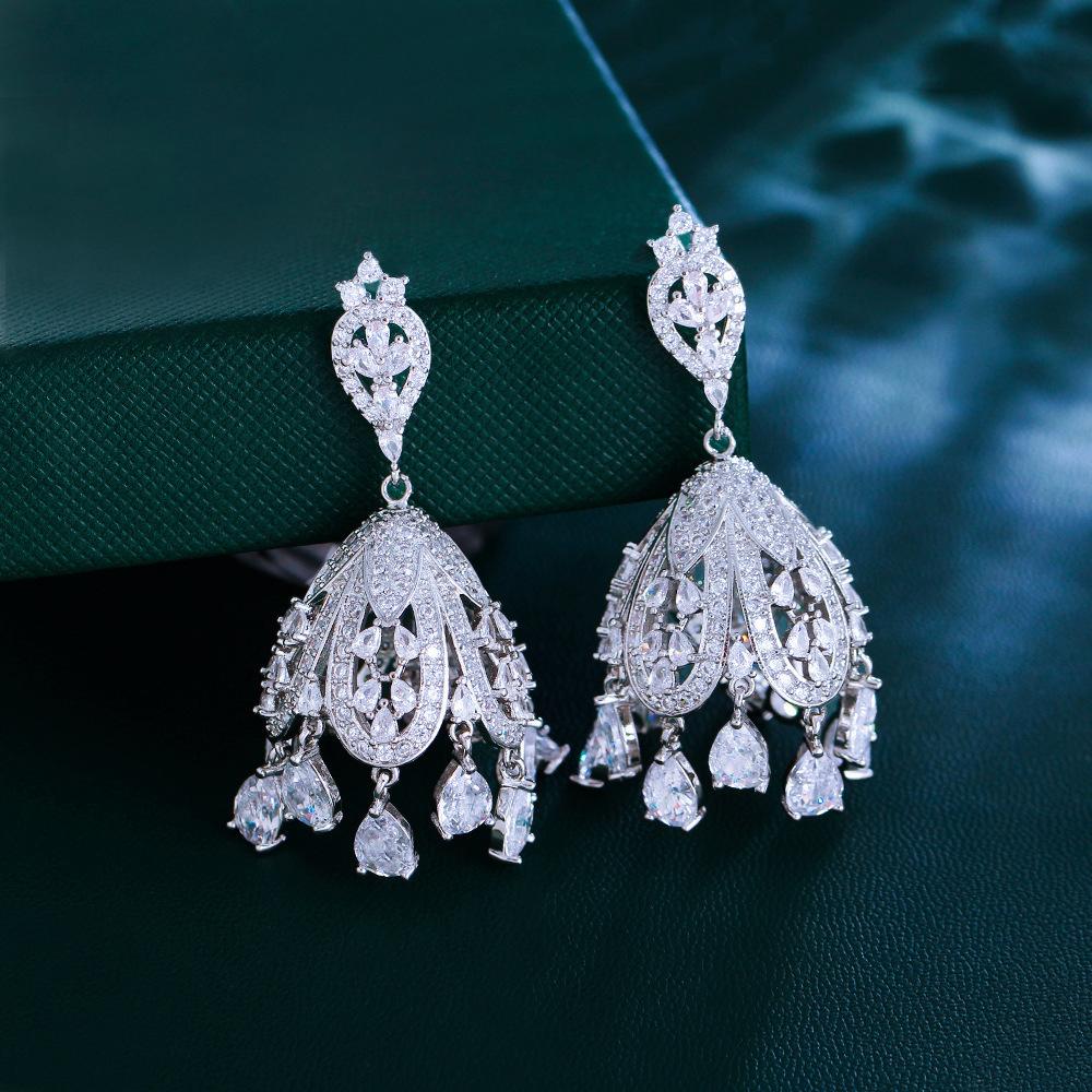 Needle French Light Luxury Court Style Full Zirconium Hollow Earrings Guochao Water Drop Fringed Zircon Earrings Earrings