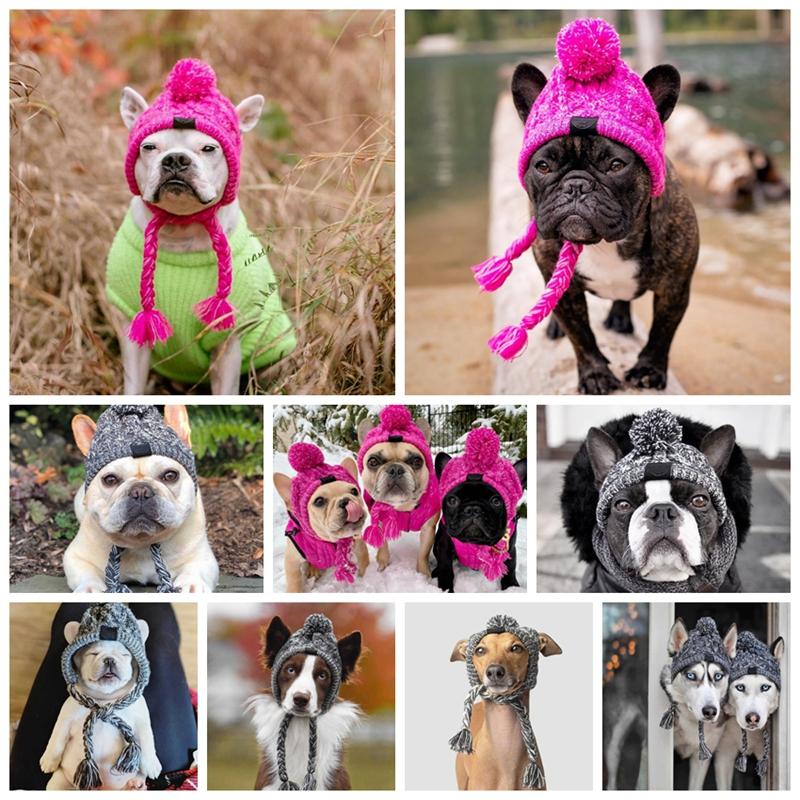 Pet Dog Winter Knitted Warm Hat Head Windproof Hat With Cute Wool Braids Outdoor Snow Protectio Warm Hat Pet Knitted Accessories