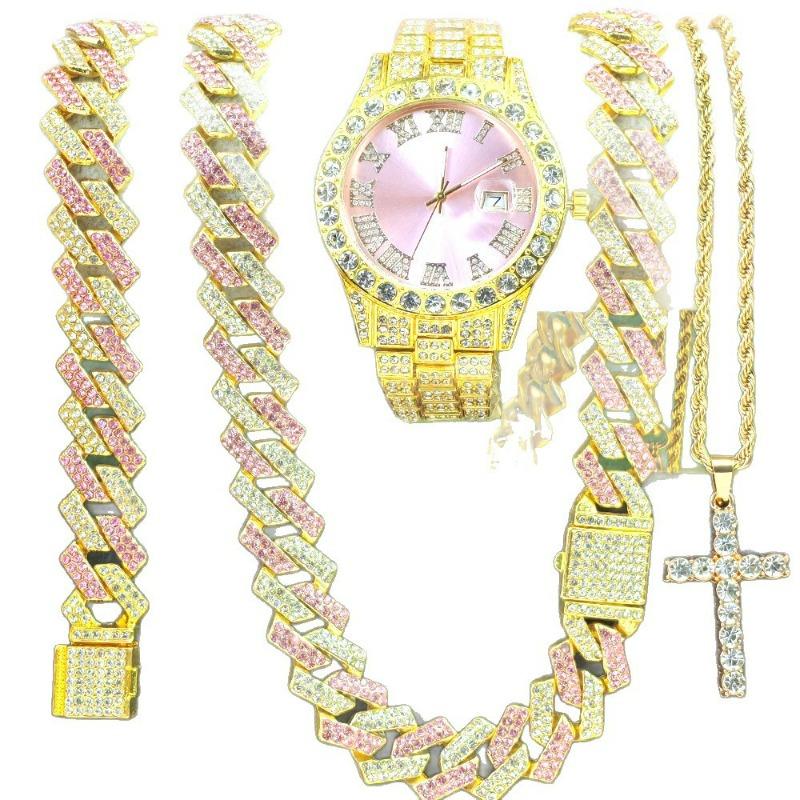 Versatile Watch Bracelet Cross Necklace Set Rhombus Cuban Chain Necklace Bracelet Men's Watch Set