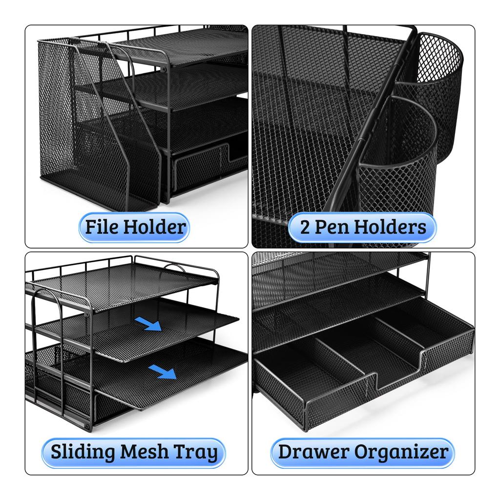ATOMUS Desk File Organizer with 2 Pen Desk Accessories Workspace Drawer for Office Supplies 4-Tier Organizer, Holders, & Organizer, Design, (Black)