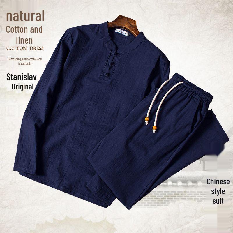 Men's Cotton-Linen Chinese Style Suit: Long-Sleeved, Loose Fit for Middle-Aged and Elderly - Perfect for Spring and Autumn.