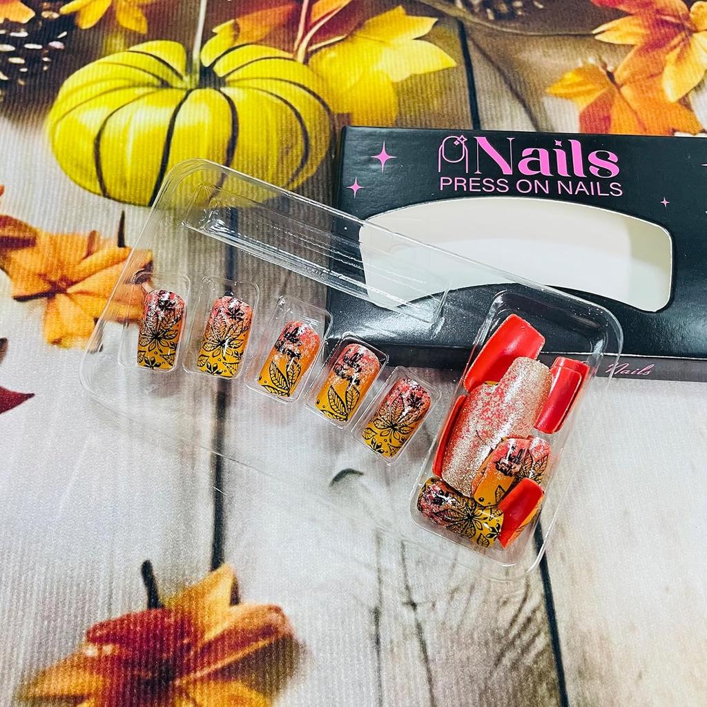 Fall Press On Nails Medium Square Fake Nails with Designs Maple Leaf Stick On Nail Thanksgiving Acrylic False Nail Bling Sequins Artificial Nail