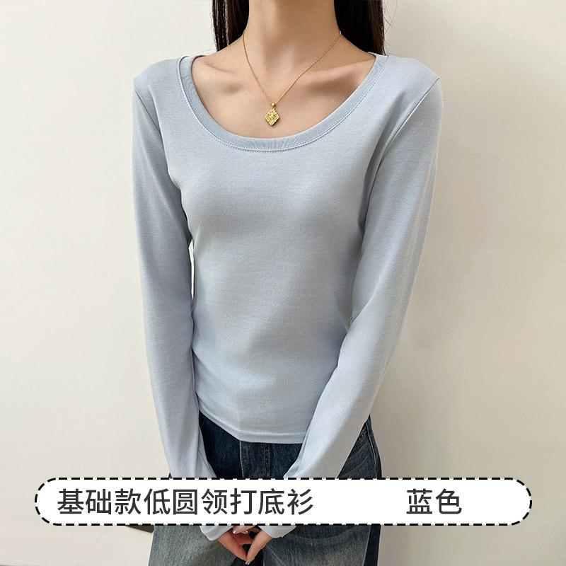 

Хлопковая базовая футболка с круглым вырезом и прямым плечом для женщин, приталенная футболка с длинным рукавом для весны, осени и зимы, простая женская футболка XXL fits 140-77.5kg синий