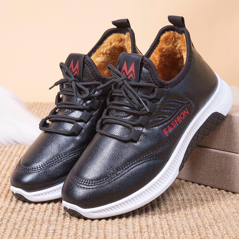Autumn and Winter New Cotton Shoes Women's Velvet Thickened Leather Waterproof Snow Boots Soft Sole Warm and Casual
