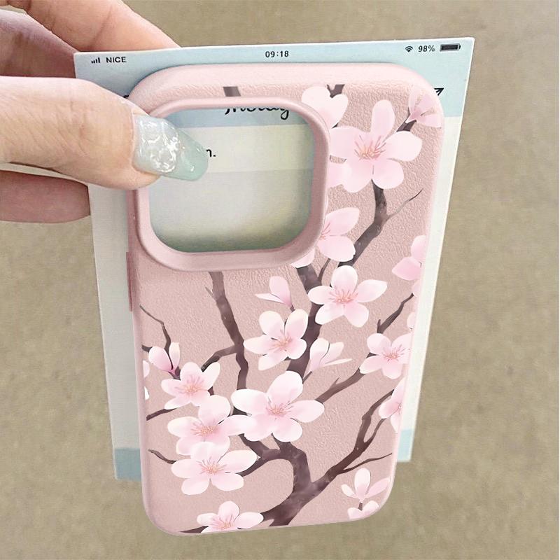 Hand-drawn Style Sakura Pattern Case For iPhone 17 Pro Max Leather Texture Soft Silicone Cover For iPhone 16 15 14 13 Pro 12 11 16E