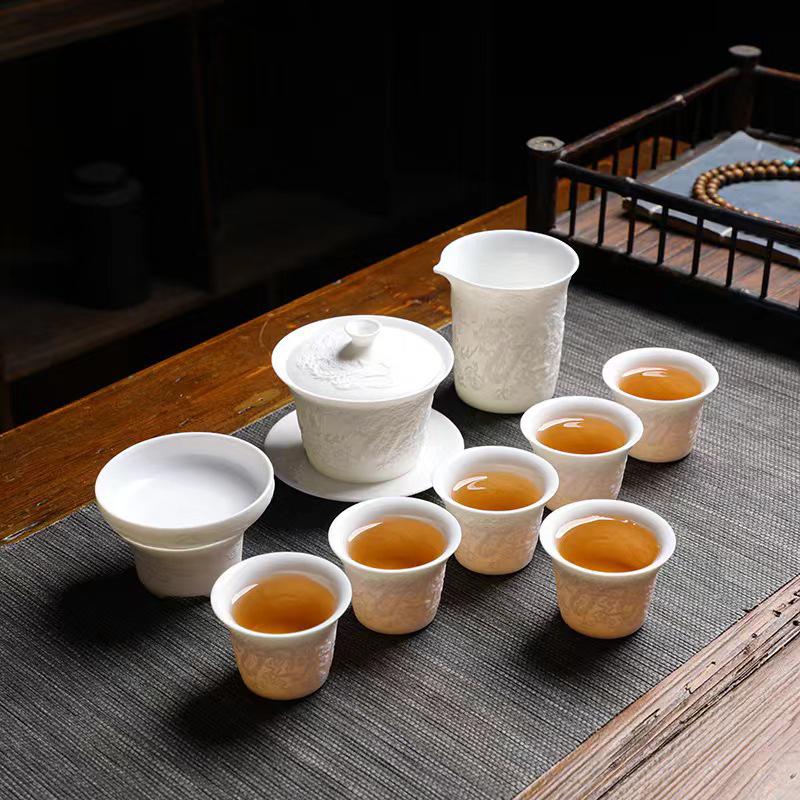 Portable Dehua Jade Ceramic Tea Set – Multifunctional Kung Fu Set for Travel, Office, and Home.