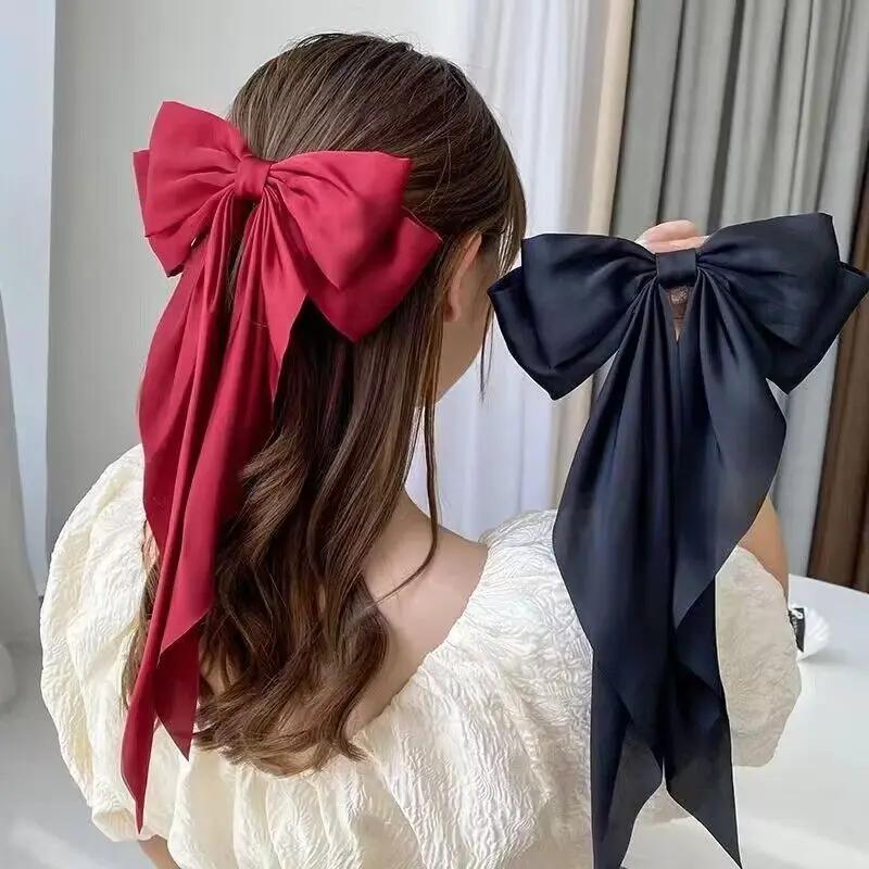 Solid Bow Ribbon Hair Clips Women Elegant Bowknot Satin Hairpins Barrettes Girls Ponytail Clip Wedding Bridal Accessories