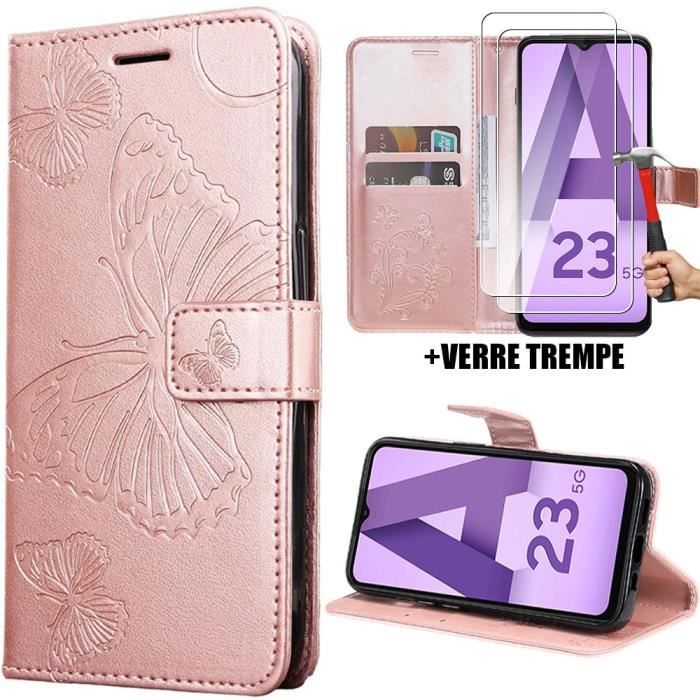 Coque - Samsung - Galaxy A23 5G - Rose - Papillon - Effet cuir