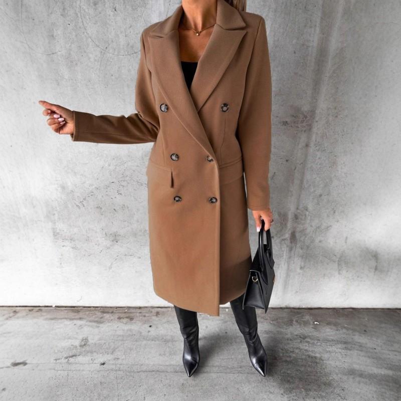 Womens Long Wool Blend Coat With Real Pockets Thick Winter Outerwear Classic Notched Collar Double-Breasted Button