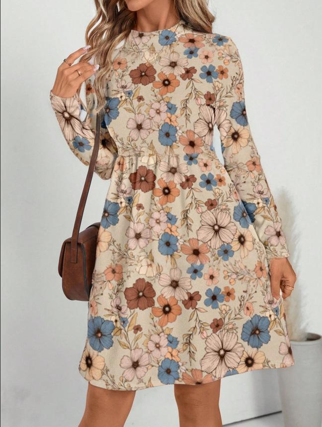 2026 New European and American Cross-border Bohemian Style Printing Long-sleeved A-shaped Dress Women's Fashion Temperament Dress