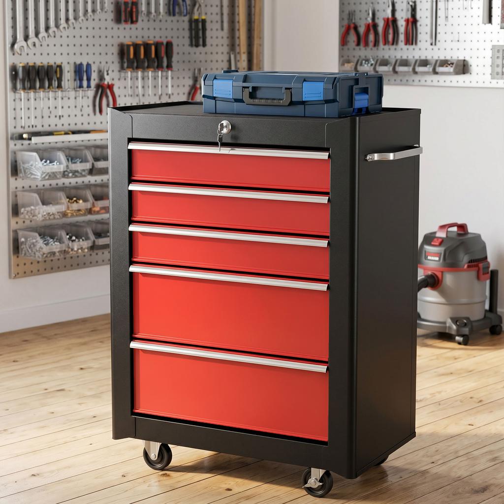 5 Drawer Tool Chest Lockable Steel Tool Storage Cabinet With Wheels And Handle Tool Box For Garage Workshop Red