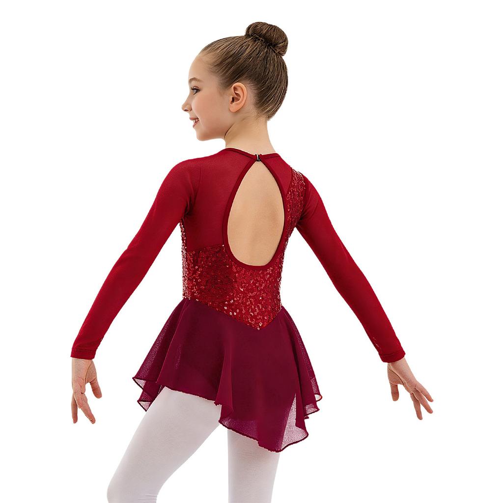 Robe de Danse Fille Manches Longues Col Rond Décoration Sequins Fleur Devant Creux Dos Robe de Performance Élégante