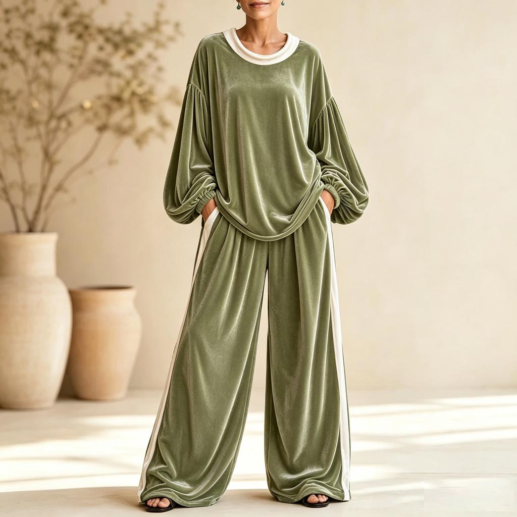 Damen Samt-Set mit Colorblock-Design, Lässiges Zweiteiler-Outfit für den Alltag