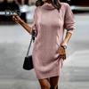 Women Autumn Winter Knitting Dress Turtleneck Long Sleeve Twist Texture Pullover Mini Dress Solid Color Thickened Warm Loose Dress
