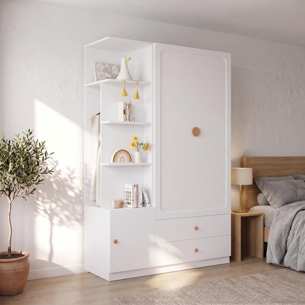 Wardrobe, White, 200 x 135 x 45 cm, hinged-door, 2 clothes rails, 2 drawers, 4 solid wood handles, storage, bedroom, children's room, hallway, office