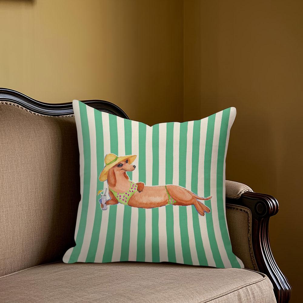 Housse de coussin carrée Jacquard Imprimé Dachshund de Vacances pour Canapé Bureau Housse de Coussin Lombaire Décoration de Maison Housse de Coussin 40x40cm