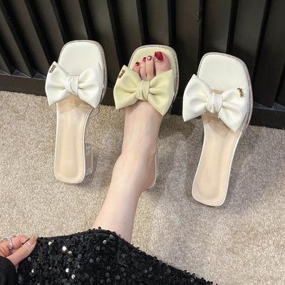 Transparent Slippers Women's Mid-heel Half Slippers 2025 Summer New Fashion Open-toe Wear Sexy Bow Sandals