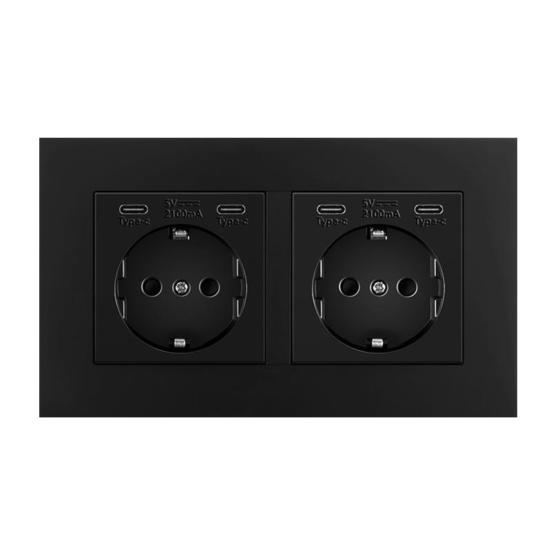 16A Black European Double Gang German-Style Switch & USB/Type-C Socket for Concealed Installation