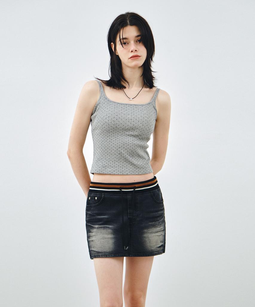 MONGDOL Rib Banding Washed Denim Mini Skirt Black Mdsk037Black