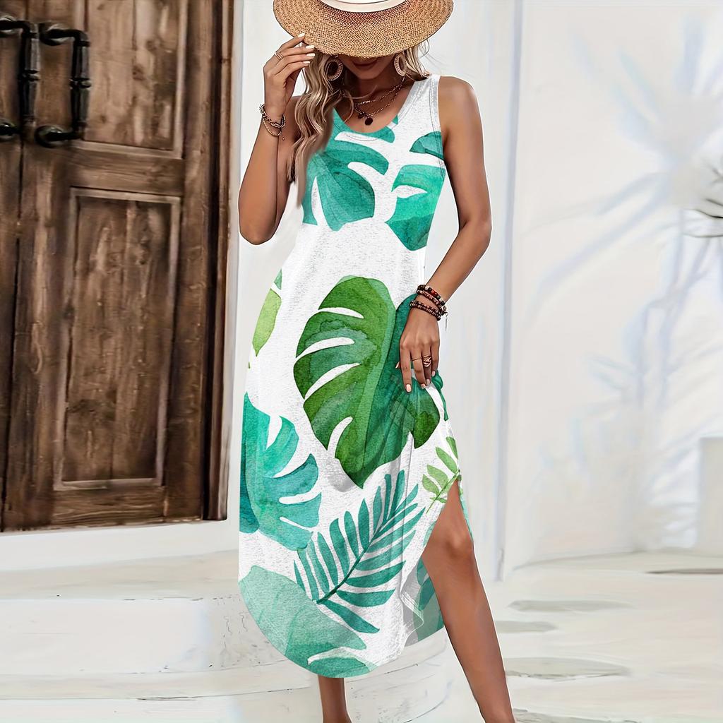 Women Sleeveless Casual Loose Fit Long Dress Tropical Floral Print Summer Beach Maxi Dress with Side Slit