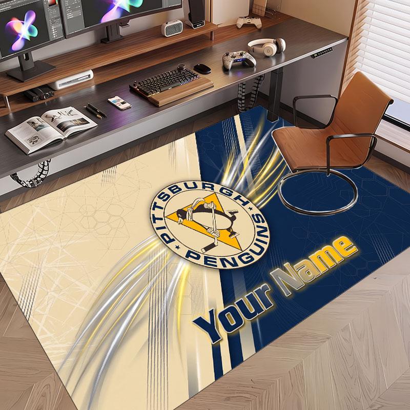 Custom Rug Pittsburgh Penguins Pattern Print Name Text Soft Non‑Slip Floor Carpet for Home Indoor Decoration