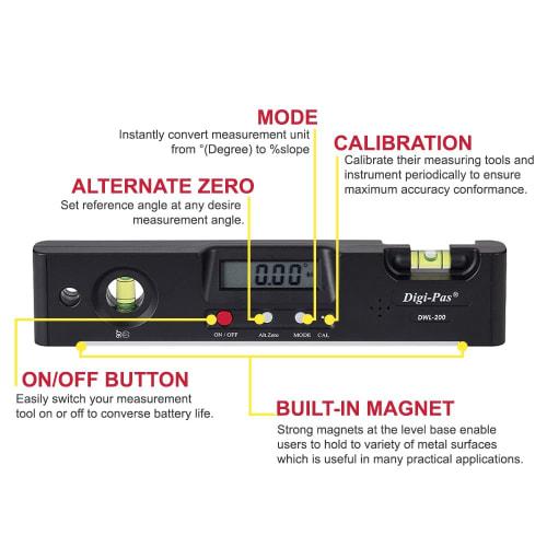 Digi-Pas Digital Level, Level, Angle Meter, Inclinometer, Torpedo Type DWL200