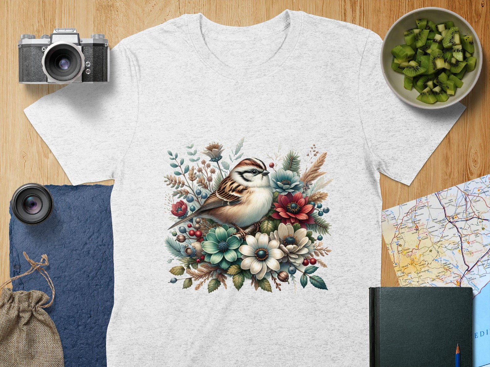 American Tree Sparrow Beautiful Bird Lovers T-Shirt, Winter Floral Bird Design, Perfect Bird Watcher Gift, Nature Inspired T-Shirt XL