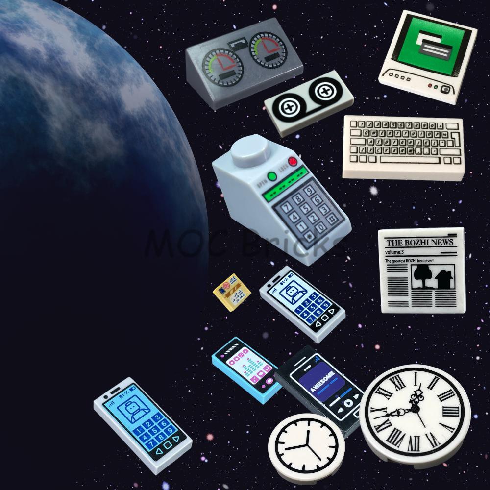 Yiran Toy Unisex Kids 12Pcs Moc Bricks Printed Tile 1X1 1X2 2X2 Control Panel Gauge Newspaper Phone Tape Clock Constructing Blocks Children Toys Presents